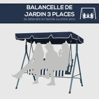Outsunny Balancelle de Jardin 3 Places Toit Inclinaison réglable Coussins Assise et Dossier Acier Noir Polyester Bleu(m-6)