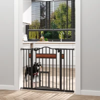 PawHut Pet Gate Safety Gate, with Cat Flap, Auto Close, for Staircases, Doorways, Hallways, 74-105cm Wide - Black(m-2)