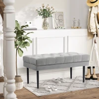 HOMCOM Velvet Bed End Bench, Button Tufted Window Seat, Hallway Shoe Bench, Upholstered Accent Lounge Chair Stool for Living Room, Bedroom, Grey(m-7)