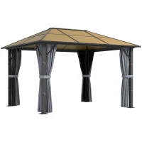 Outsunny 3 x 3.6m Garden Aluminium Gazebo Hardtop Roof Canopy Marquee Party Tent Patio with Mesh Curtains & Side Walls - Grey(m-1)