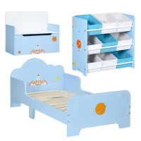 ZONEKIZ 3PCs Kids Bedroom Furniture Set with Bed, Toy Box Bench, Storage Unit with Baskets, Space Themed, for 3-6 Years Old, Blue(m-1)