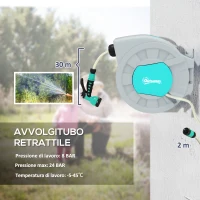 Outsunny Avvolgitubo Automatico a Parete e Portatile Lunghezza 30+2 m, Sistema di Blocco e 7 Getti, Verde(m-4)