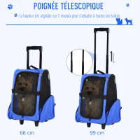 PawHut Sac de transport à roulettes pour chien 2 en 1 trolley chariot sac à dos pour chien chat avec poignée téléscopique, sacs de rangement, aérations, attache de sécurité, 42 x 25 x 55 cm, bleu(m-5)