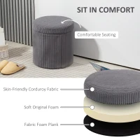 HOMCOM 40cm Round Storage Ottoman, Corduroy Footstool with Removable Lid and Legs, Vanity Stool for Living Room, Bedroom, Grey(m-5)