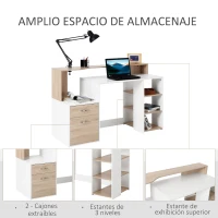 HOMCOM Mesa de Ordenador PC 137x55x92 cm Escritorio con Estantería de 3 Estantes 2 Cajones y Soporte para Impresora para Oficina Estudio Despacho Blanco y Roble(m-5)