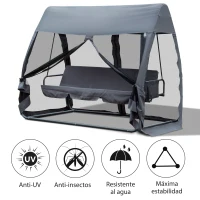Outsunny Columpio de Jardín 3 Plazas Convertible en Cama Balancín con Mosquitera de Puertas Espacio de Almacenaje Terraza Balcón Exterior 240x140x197 cm Acero Carga Máx. 300 kg Gris(m-5)