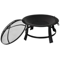Outsunny Metal Large Firepit Bowl Outdoor Round Fire Pit w/ Lid, Log Grate, Poker for Backyard, Camping, BBQ, Bonfire, Wood Burning Stove, 76 x 76 x 53cm, Black(m-1)