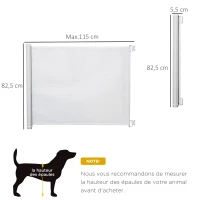 PawHut Barrière de sécurité chien barrière rétractable automatique barrière escaliers couloirs portes 115 x 82,5 m teslin acier blanc(m-3)