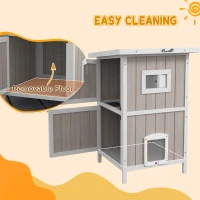 PawHut Outdoor 2 Tiers Wooden Cat Shelter w/ Removable Bottom, Escape Doors, Asphalt Roof, for 1-2 Cats - Light Grey(m-7)