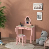 ZONEKIZ Kids Dressing Table with Mirror, Stool, Drawer, Cute Animal Design - Pink(m-10)