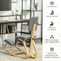 HOMCOM Siège assis genoux, siège ergonomique en bois à bascule avec dossier, chaise à genoux pour bureau à domicile, gris(m-5)