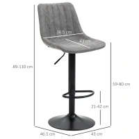 HOMCOM Breakfast Bar Stools Set of 2 Leather Upholstery 59-80cm Adjustable Height with Gas Rod - Grey(m-3)