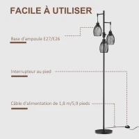 HOMCOM Lampadaire style industriel 40 W max. 3 abat-jours en métal filaire luminosité réglable - ampoule E27 - noir(m-6)