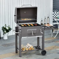 Outsunny Charcoal Grill BBQ Trolley with Adjustable Charcoal Grate, Garden Metal Smoker Barbecue with Shelf, Side Table, Wheels, Built-in Thermometer, Bottle Opener(m-2)