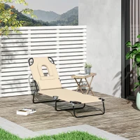 Outsunny Outdoor Folding Sun Lounger with Face Hole, 4 Level Adjustable Backrest Reclining Garden Lounger, Garden Recliner Sunbed with 600 D Oxford Cloth Seat and Pillow for Beach, Beige(m-2)