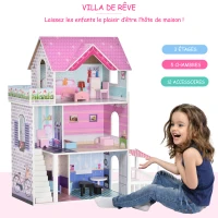 HOMCOM Maison de poupée en Bois Jeu d'imitation avec 13 Accessoires Grand réalisme Multi-équipements 3 Niveaux escalier terrasses(m-7)