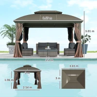 Outsunny 3.65 x 3(m) Hardtop Steel Gazebo Canopy with Aluminium Frame, Double Roof, Net Sidewalls and Curtains, Coffee(m-3)