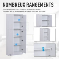 HOMCOM Armoire de rangement 2 placards double porte 3 étagères réglables 60L x 30l x 158H cm panneaux particules blanc(m-4)