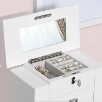 HOMCOM Boîte à bijoux Coffre à Bijoux avec Miroir - 5 tiroirs coulissants, 2 Compartiments latéraux avec Crochets, Rangement Haut à bagues verrouillable - Blanc(m-6)