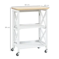 HOMCOM Chariot de service desserte de cuisine à roulettes pliante avec 2 étagères, plan de travail en bois hévéa - 60 x 40 x 84 cm - blanc(m-3)