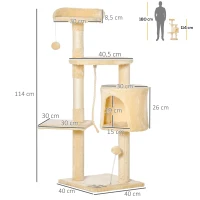 PawHut Árbol para gatos Rascador Grande con Plataformas Casetas Bolas de Juego 114cm Cubierto de Felpa Beige(m-3)