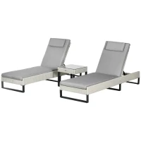 Outsunny 3-piece PE Rattan Sun Lounger Set with Adjustable 5-Position Recliner, Patio Chaise Lounge Chair Set with Cushions, Headrests, Glass Top Square Coffee Table, Light Grey(m-11)