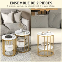 HOMCOM Lot de 2 tables basses rondes tables de salon effet marbre avec étagère de rangement ouverte et cadre en acier or(m-4)