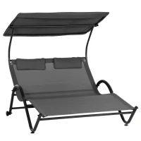 Outsunny Chaise longue bain de soleil transat avec auvent oreiller et roulettes en acier et polyester gris foncé(m-11)