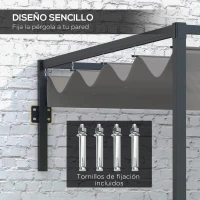 Outsunny Pérgola de Jardín de Pared 297x211x220 cm Cenador con Techo Retráctil y Marco de Acero para Patio Terraza Gris Oscuro(m-4)