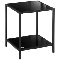 HOMCOM Tempered Glass Side Table with Storage, Modern 2-Tier Bedside Table with Steel Frame, Black(m-1)
