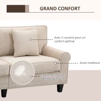 HOMCOM Canapé 3 places en tissu velours côtelé, canapé salon, 197 cm, avec accoudoirs et dossier rembourrées, canapé avec 2 oreillers, pieds en bois massif de pin, pour salon, chambre, bureau, beige(m-4)