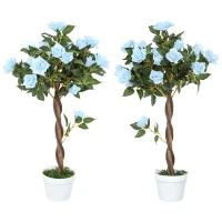 Outsunny Set of 2 Artificial Plants White Rose Floral in Pot, Fake Plants for Home Indoor Decor, 90cm, Light Blue(m-11)