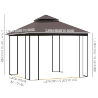 Outsunny 3 x 3 Meter Metal Gazebo Garden Outdoor 2-tier Roof Marquee Party Tent Canopy Pavillion Patio Shelter with Netting and Shelf Coffee(m-3)