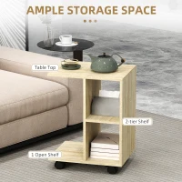 HOMCOM C-Shape End Table Unique Storage Unit w/ 2 Shelves 4 Wheels Freestanding Home Office Furniture Cabinet Square Studio Natural(m-4)