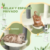 PawHut Árbol para Gatos de Suelo a Techo 225-255 cm con Hamacas Plataformas Juguete de Cuerda Bola de Juguete Crema y Gris(m-7)