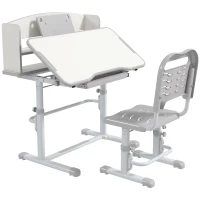 ZONEKIZ Height Adjustable Kids Study Table and Chair Set, with Drawer, Storage Shelf, 80 x 54.5 x 104 cm, Grey(m-1)