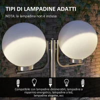 Outsunny Lampione da Giardino con Paralumi a forma Sferica, in Acciaio Inox e Acrilico, 63x25x210 cm, Argento(m-5)