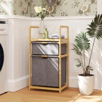 HOMCOM Panier à linge en bambou corbeille à linge sale avec 2 sacs en tissu coulissants et étagère à lattes, naturel(m-2)