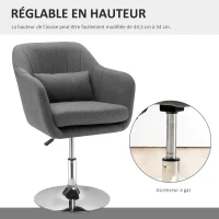 HOMCOM Fauteuil de salon Grand Confort Coussins lombaires Hauteur réglable pivotant 360° piètement métal chromé Lin Gris(m-4)