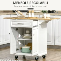 HOMCOM Carrello da Cucina Espandibile in Legno Bianco Cassetto, Armadietto, Portasciugamani e 4 Ruote 119.6x45.7x91.2cm(m-5)