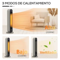 HOMCOM Calefactor Cerámico de Torre 1100/2200W Mando Pantalla LED Temporizador y Oscilación Ø25x73,5 cm Plata y Negro(m-9)