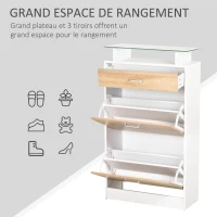 HOMCOM Armoire à Chaussures Meuble rangement Chaussures 2 Portes abattantes 2 Compartiments, tiroir, Plateau en Verre - Bois chêne Blanc(m-4)