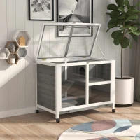 PawHut Wooden Rabbit Hutch Indoor with Wheels, Openable Roof, 91.5 x 53.3 x 73 cm, Grey(m-10)