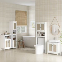 HOMCOM Mueble sobre Inodoro con 2 Puertas con Frontal de Ratán Compartimento y Estante Ajustable 60x19,5x160 cm Blanco(m-8)