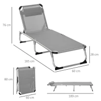 Outsunny Foldable Reclining Sun Lounger Lounge Chair Camping Bed Cot w/ Pillow 4-Level Adjustable Back Aluminium Frame Grey(m-3)