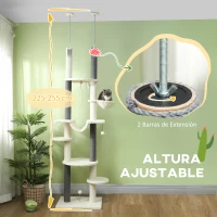 PawHut Árbol para Gatos de Suelo a Techo 225-255 cm con Hamacas Plataformas Juguete de Cuerda Bola de Juguete Crema y Gris(m-4)