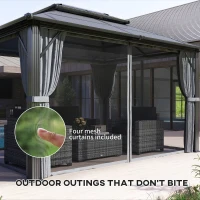 Outsunny 3 x 4m Hardtop Gazebo Canopy with UPF30+ Double Polycarbonate Roof, Aluminium Frame Garden Gazebo Permanent Pavilion with Mosquito Netting and Curtains for Patio, Deck, Grey(m-7)