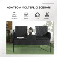 Outsunny Divanetto per Esterni 2 Posti con Tavolino da Caffè, in Acciaio e Rattan PE, 137x59x82 cm, Nero(m-7)