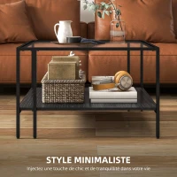 HOMCOM Table basse carrée 2 niveaux avec plateau en verre trempé, 1 étagère, design minimaliste, 73l x 73P x 46,5H cm, noir(m-4)