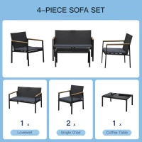 Outsunny 4 Pieces Rattan Garden Furniture Set, 4 Seater Garden Sofa Set with Loveseat, 2 Armchairs and Glass Top Coffee Table, Wicker Outdoor Conservatory Furniture with Cushions for Patio, Black(m-4)